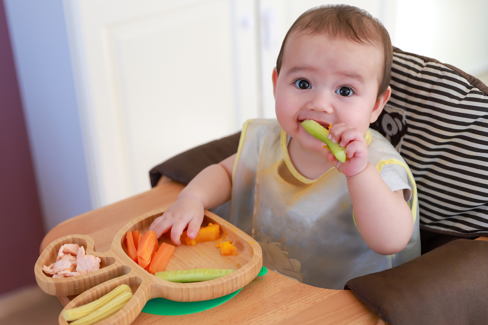 Bambino sul seggiolone che mangia verdure a bastoncini prendendole da un piatto